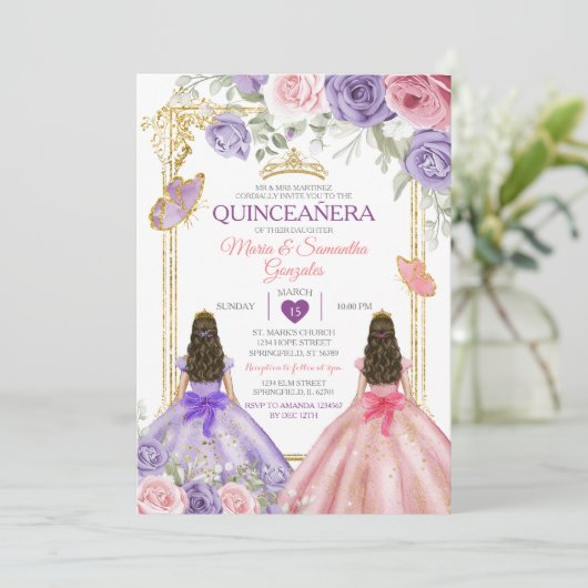 Paarse Vlinder Roze Bloemen Tweelinggoud Quinceañe Kaart (Staand voorkant)