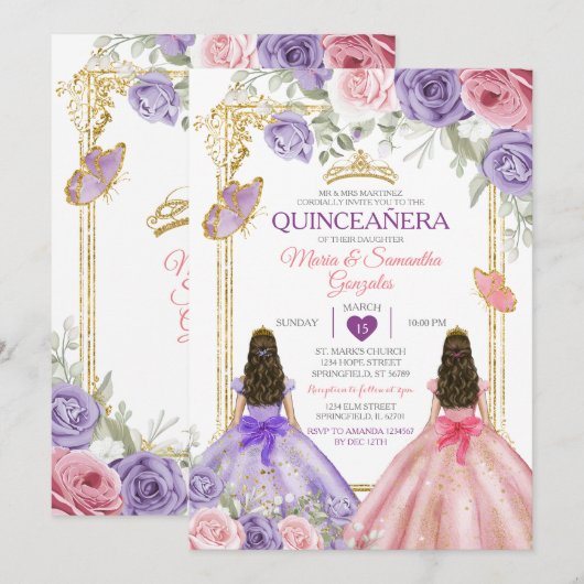 Paarse Vlinder Roze Bloemen Tweelinggoud Quinceañe Kaart (Voorkant / Achterkant)