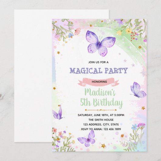 Paarse vlinder uitnodiging (Voorkant / Achterkant)