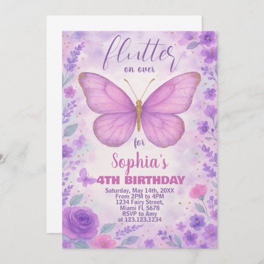 Paarse vlinder - uitnodiging (Voorkant / Achterkant)