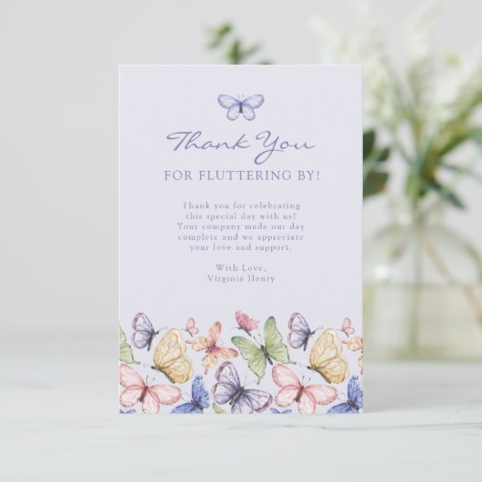 Paarse vlinder verjaardag bedankkaart (Staand voorkant)