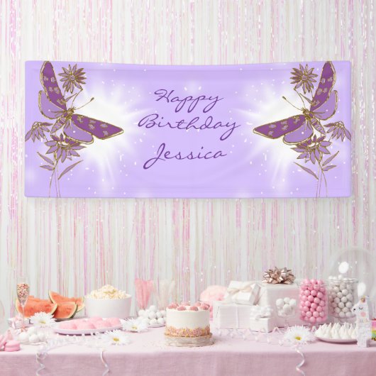 Paarse Vlinder Verjaardag Spandoek (Feest)