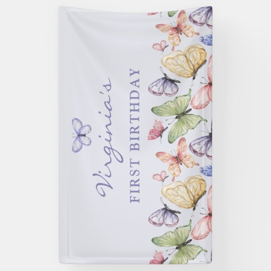 Paarse vlinder verjaardag spandoek (Verticaal)