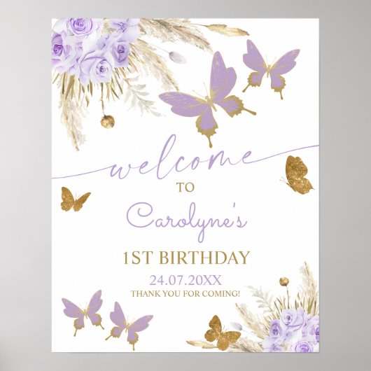 Paarse Vlinder Verjaardag Welkom Poster (Voorkant)