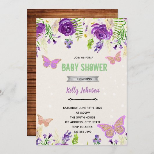 Paarse vlinder - verjaardagsuitnodiging kaart (Voorkant / Achterkant)