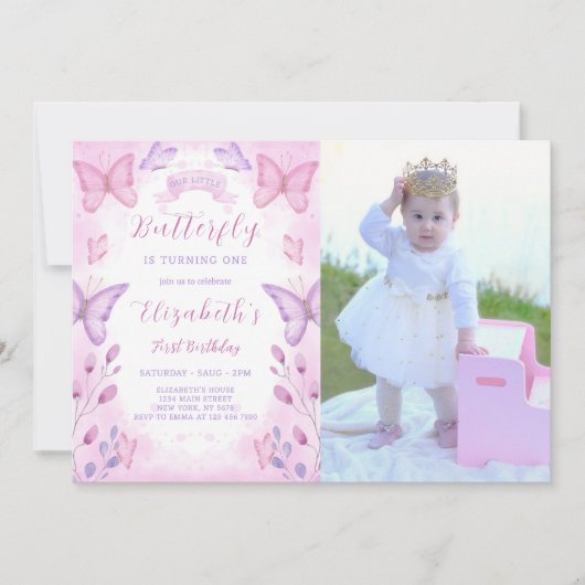 Paarse vlinder verjaardagsuitnodiging met foto kaart (Voorkant)