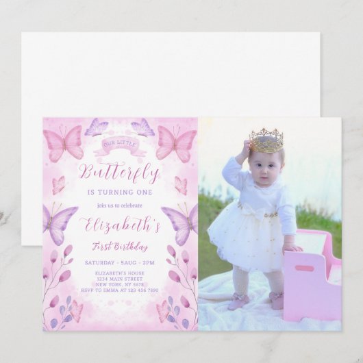 Paarse vlinder verjaardagsuitnodiging met foto kaart (Voorkant / Achterkant)