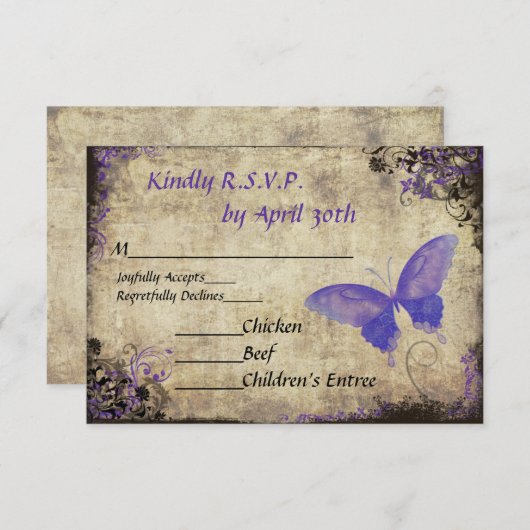 Paarse Vlinder Vintage Bruiloft RSVP Uitnodiging (Voorkant / Achterkant)