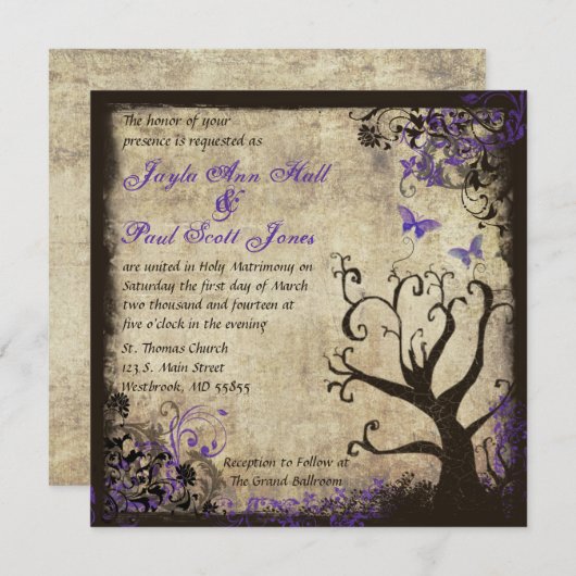 Paarse Vlinder Vintage bruiloft uitnodiging (Voorkant / Achterkant)