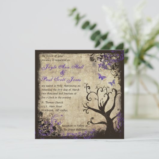 Paarse Vlinder Vintage bruiloft uitnodiging (Staand voorkant)