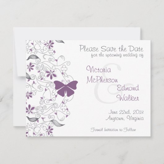 Paarse Vlinder Whimsy Save the Date Aankondiging (Voorkant)