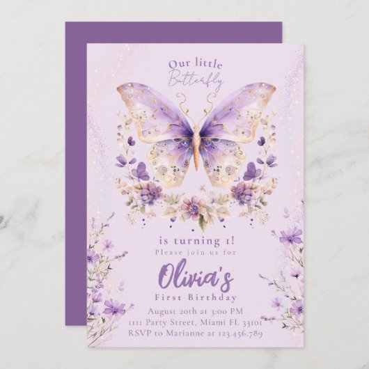 Paarse vlinder wordt 1 jaar kaart (Voorkant / Achterkant)