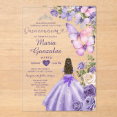 Paarse vlinderbloemenprinsessenjurk Quinceañera Acryl Uitnodigingen (Voorkant)