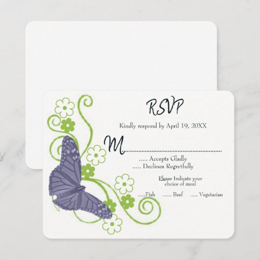 Paarse vlinderbloemigen RSVP-Kaart RSVP Kaartje (Voorkant / Achterkant)