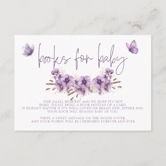 Paarse vlinderboeken voor Baby, Baby shower Informatiekaartje (Voorkant)