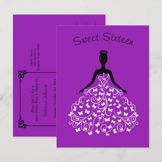 Paarse vlinderjurk Sweet Sixteen Invitation Uitnodiging Briefkaart (Voorkant / Achterkant)