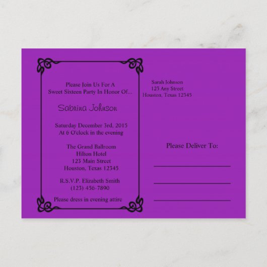 Paarse vlinderjurk Sweet Sixteen Invitation Uitnodiging Briefkaart (Achterkant)