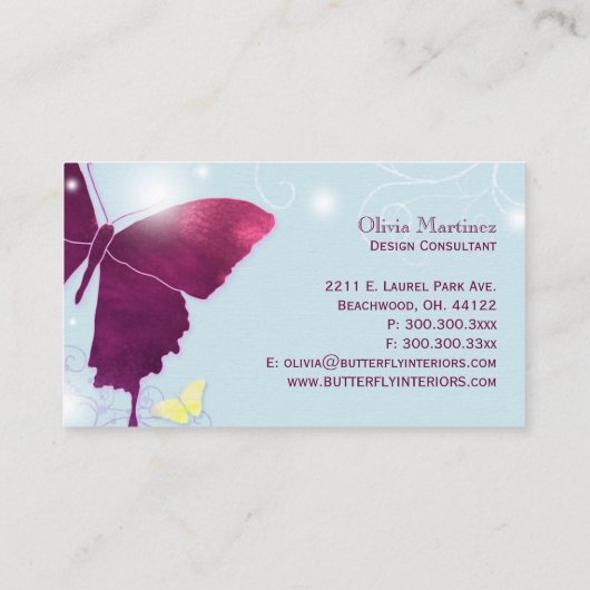 Paarse vlinderlicht blauw visitekaartje (Achterkant)
