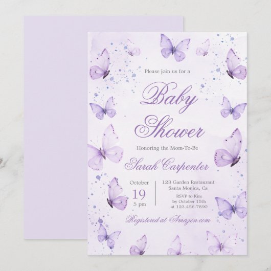 Paarse Vlinders Baby shower Meisje Uitnodiging (Voorkant / Achterkant)
