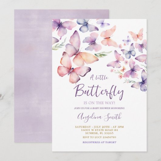 Paarse Vlinders Baby shower Uitnodiging (Voorkant / Achterkant)