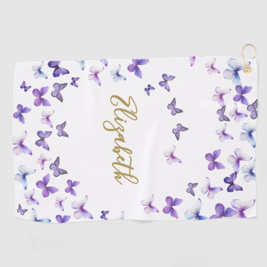 Paarse Vlinders Custom Name Dames Golf Golfhanddoek (Horizontaal)