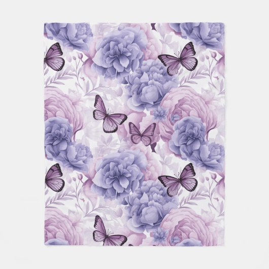 Paarse Vlinders en Bloemen Fleece Deken (Voorkant)
