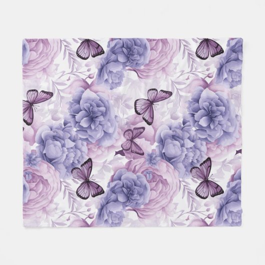 Paarse Vlinders en Bloemen Fleece Deken (Voorkant (Horizontaal))