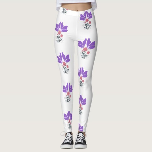 Paarse vlinders en bloemen leggings (Voorkant)