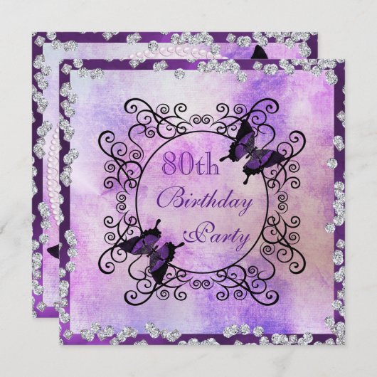 Paarse vlinders en diamanten 80ste verjaardag kaart (Voorkant / Achterkant)