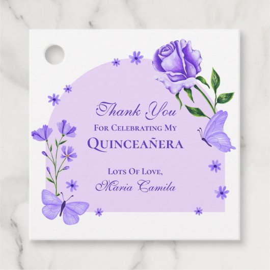 Paarse vlinders en Rozen Floral Quinceañera Bedankjes Labels (Voorkant)