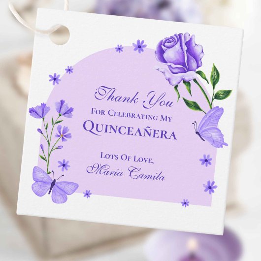 Paarse vlinders en Rozen Floral Quinceañera Bedankjes Labels