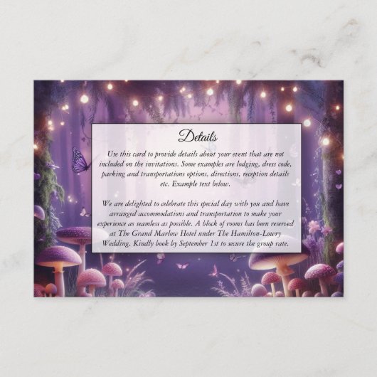 Paarse vlinders en Starlit Skies bruiloft Informatiekaartje (Voorkant)