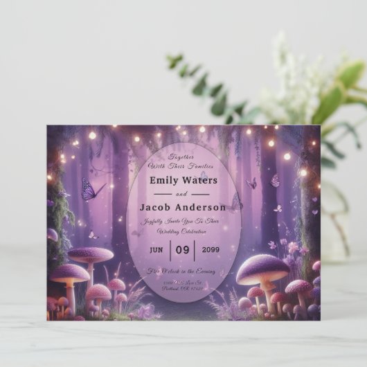 Paarse vlinders en Starlit Skies bruiloft Kaart (Staand voorkant)