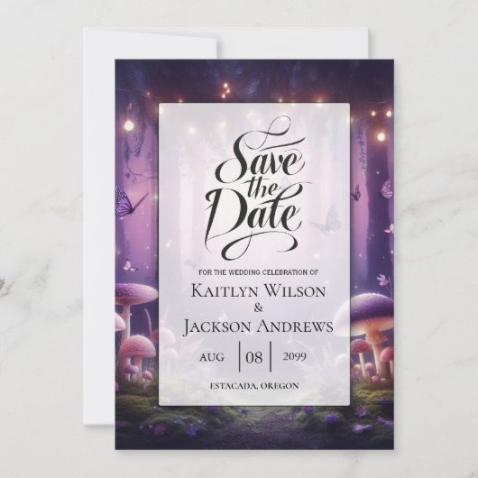 Paarse Vlinders en Sterrenhemel Bruiloft Save The Date (Voorkant)