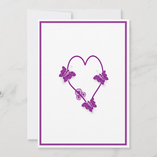 Paarse vlinders hart bruiloft receptie kaart (Achterkant)