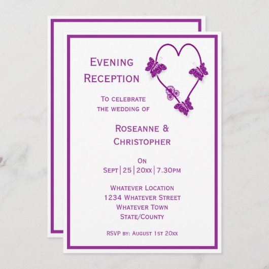 Paarse vlinders hart bruiloft receptie kaart (Voorkant / Achterkant)