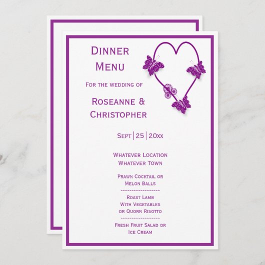 Paarse vlinders Heart Design Wedding Menu (Voorkant / Achterkant)
