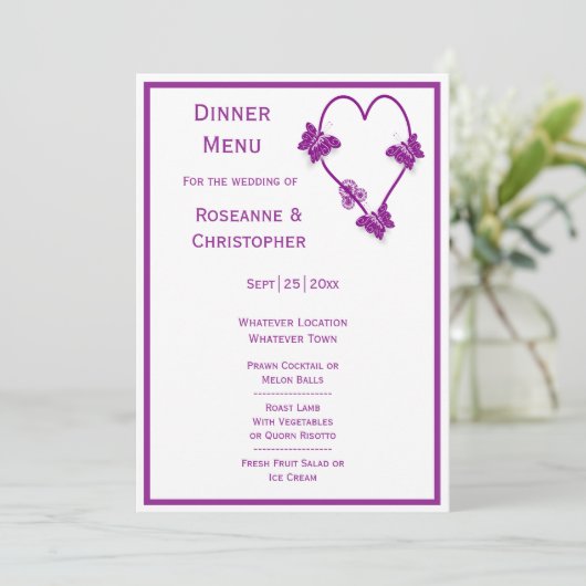 Paarse vlinders Heart Design Wedding Menu (Staand voorkant)