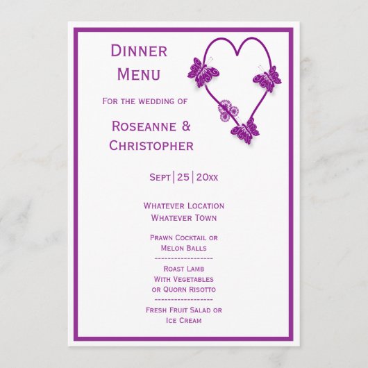 Paarse vlinders Heart Design Wedding Menu (Voorkant)