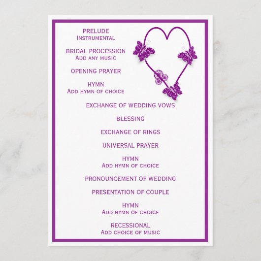 Paarse vlinders Heart Design Wedding Programmakaart (Achterkant)