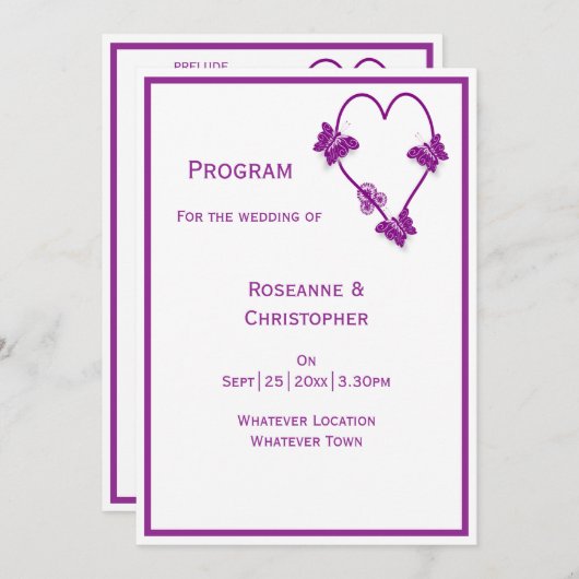 Paarse vlinders Heart Design Wedding Programmakaart (Voorkant / Achterkant)