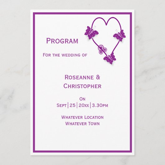 Paarse vlinders Heart Design Wedding Programmakaart (Voorkant)