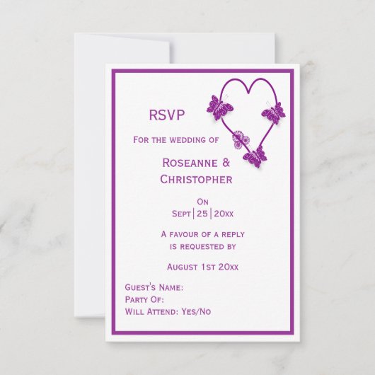 Paarse vlinders Heart Design Wedding RSVP Kaartje (Voorkant)