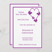 Paarse vlinders Heart Design Wedding Save The Date (Voorkant / Achterkant)