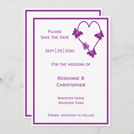 Paarse vlinders Heart Design Wedding Save The Date (Voorkant / Achterkant)