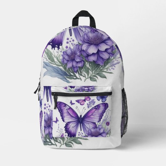Paarse Vlinders op Bloem Bedrukte Rugzak (Voorkant)