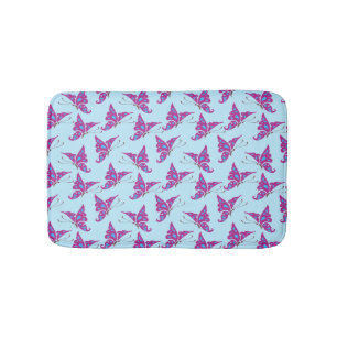 Paarse vlinders op lichtblauw, vlinderdruk badmat