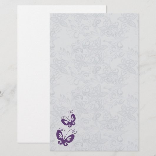 Paarse vlinders op zilveren bloemenbruiloft briefpapier (Voorkant / Achterkant)