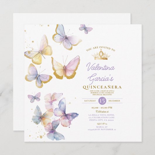 Paarse Vlinders Quinceañera 15 Anos Gouden Kroon Kaart (Voorkant / Achterkant)