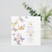 Paarse Vlinders Quinceañera 15 Anos Gouden Kroon Kaart (Staand voorkant)